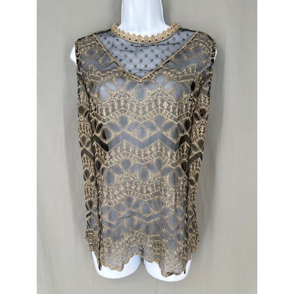 Y2K Vintage Top Women Large Black Lace Sheer Gold Metallic Crochet Glam Art Deco - Picture 1 of 10
